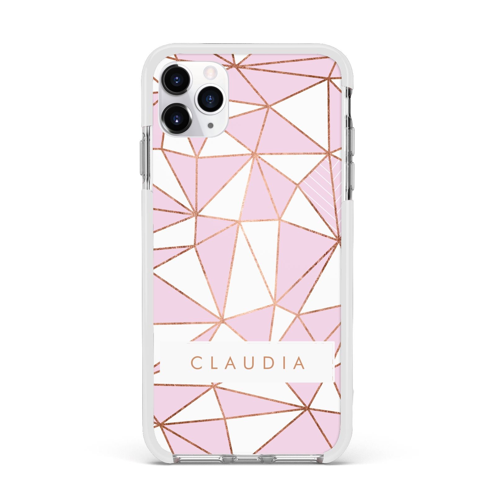 Personalised Pink White Rose Gold Name Apple iPhone 11 Pro Max in Silver with White Impact Case
