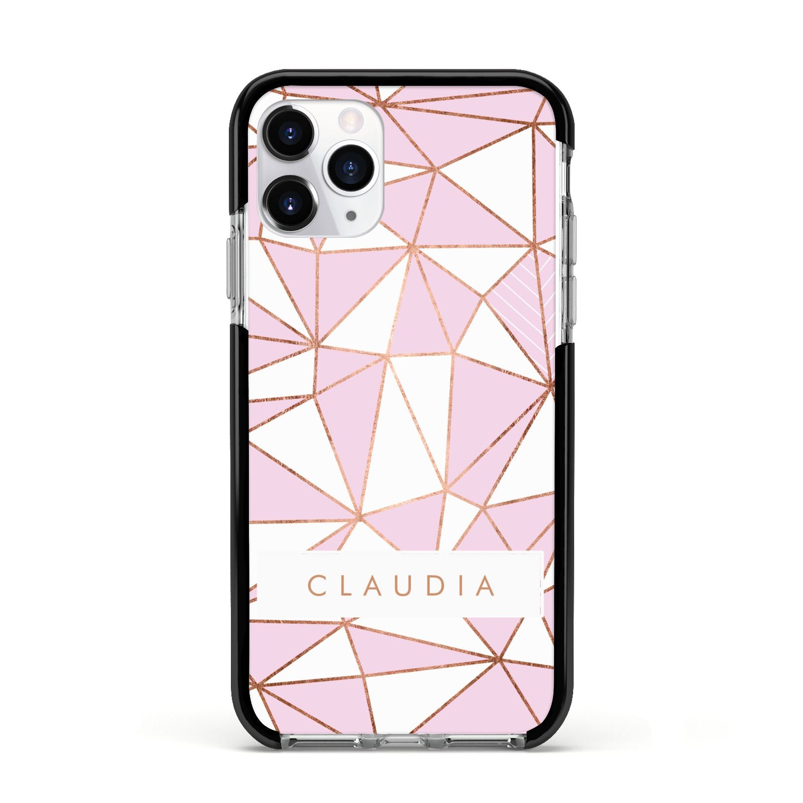 Personalised Pink White Rose Gold Name Apple iPhone 11 Pro in Silver with Black Impact Case