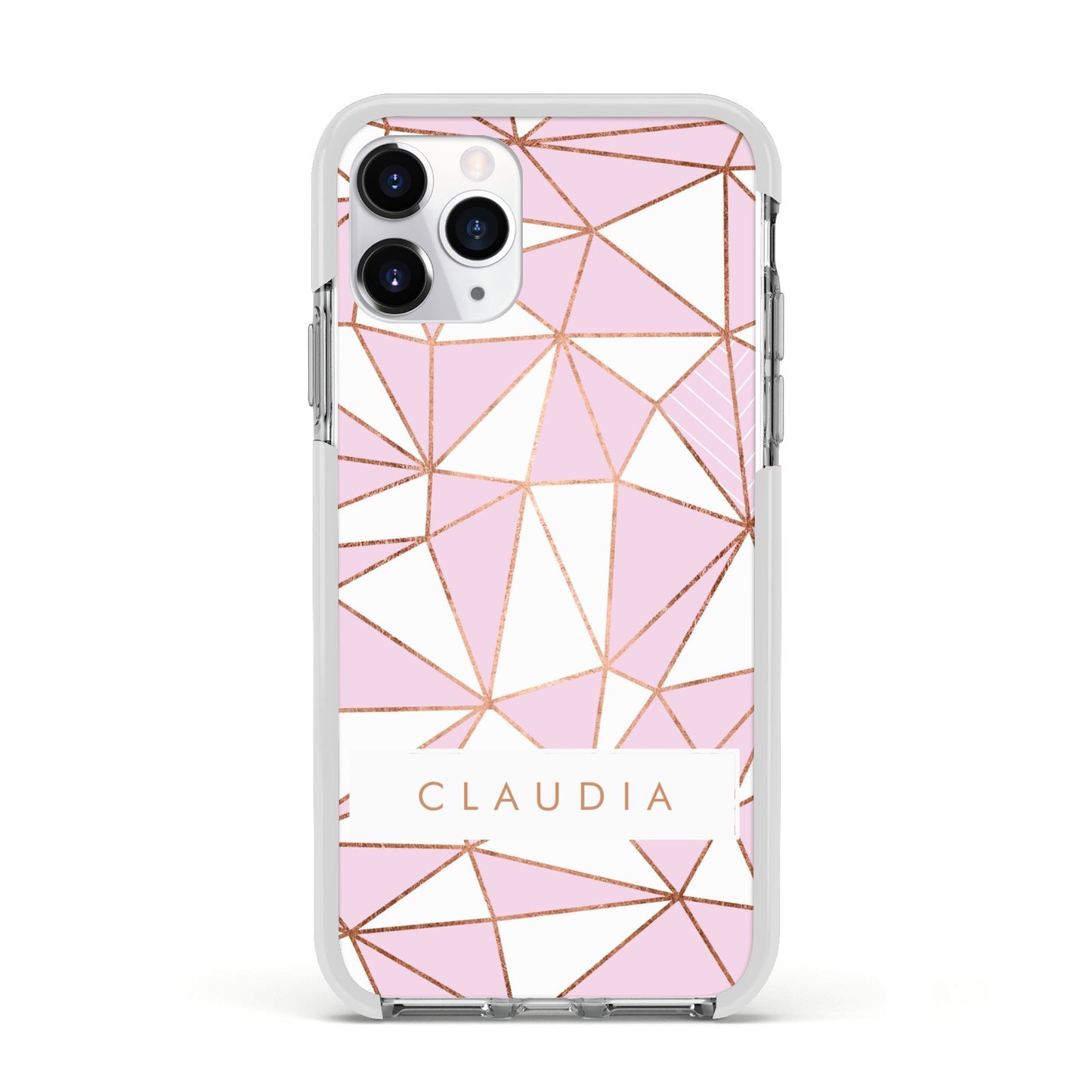 Personalised Pink White Rose Gold Name Apple iPhone 11 Pro in Silver with White Impact Case
