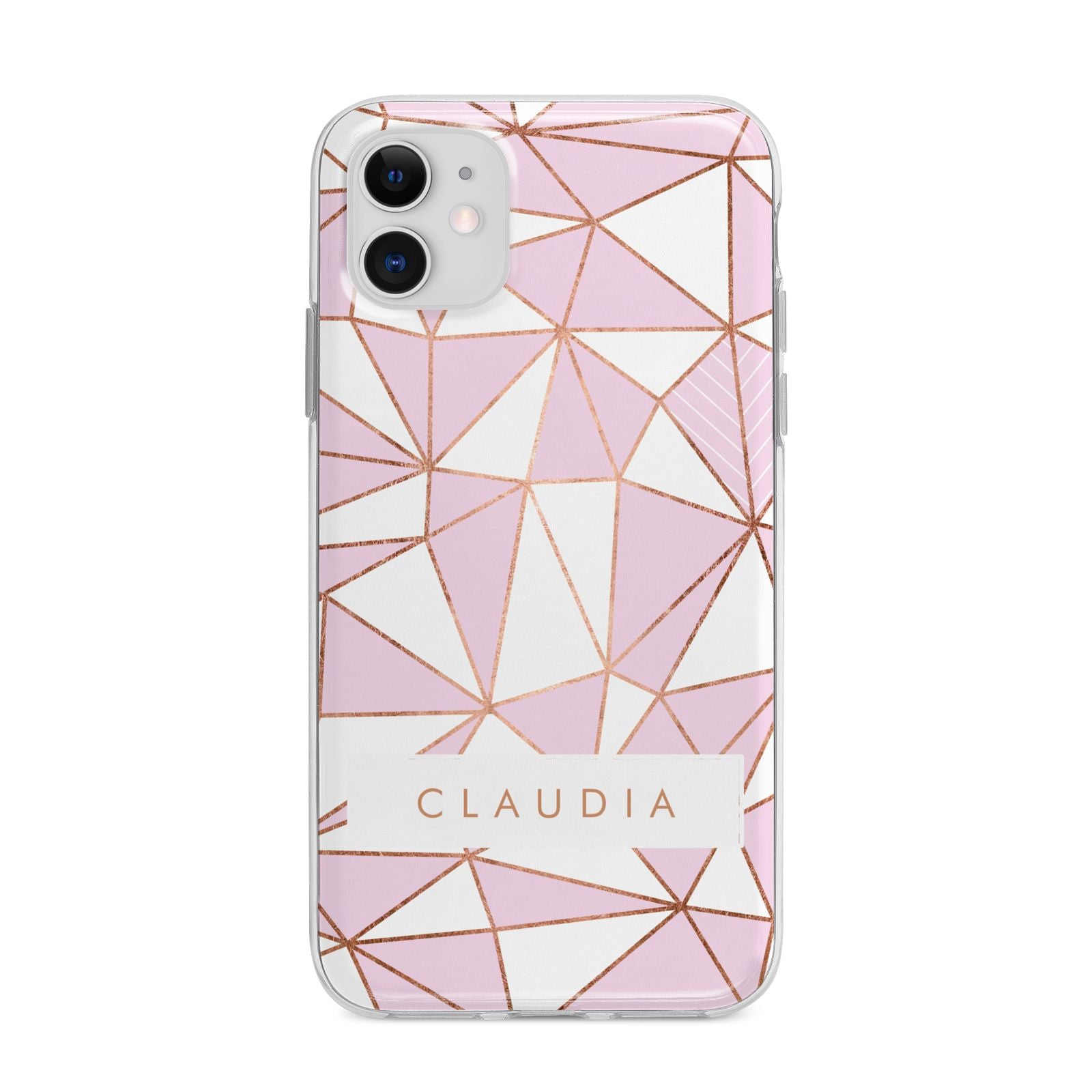 Personalised Pink White Rose Gold Name Apple iPhone 11 in White with Bumper Case