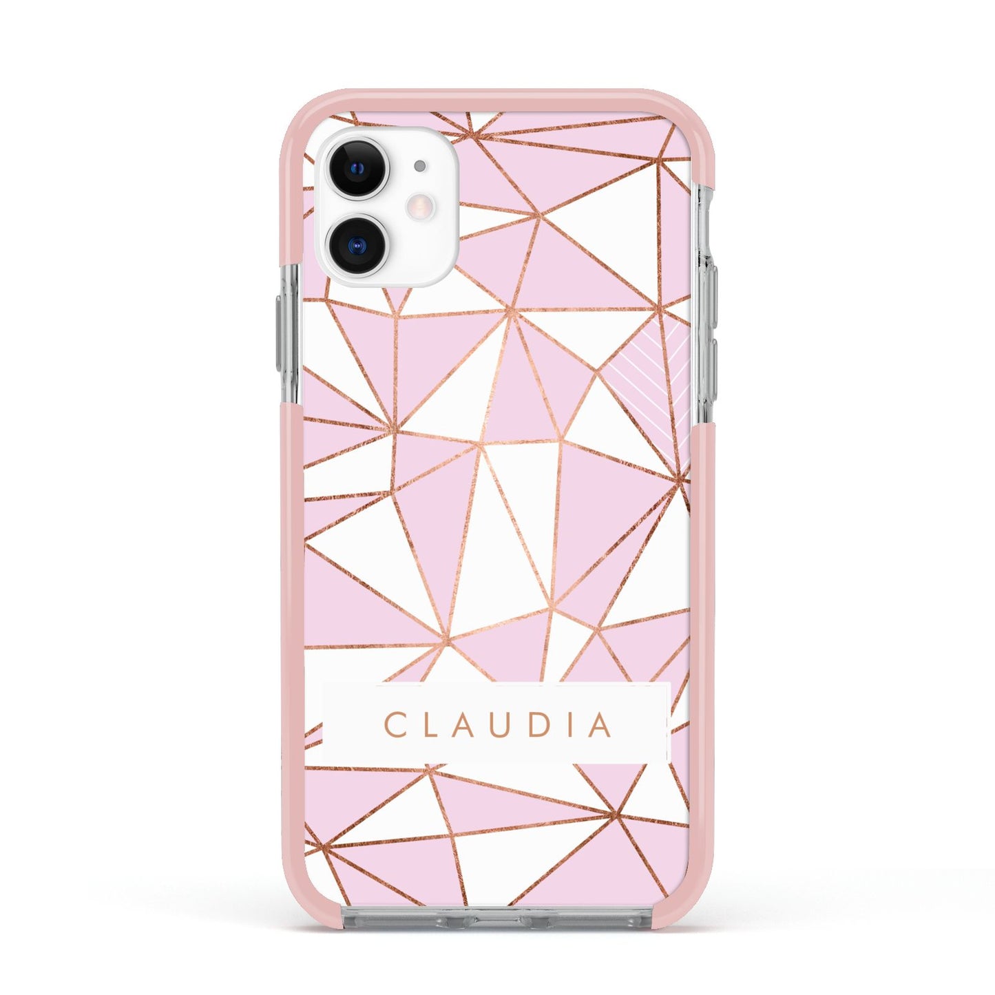 Personalised Pink White Rose Gold Name Apple iPhone 11 in White with Pink Impact Case
