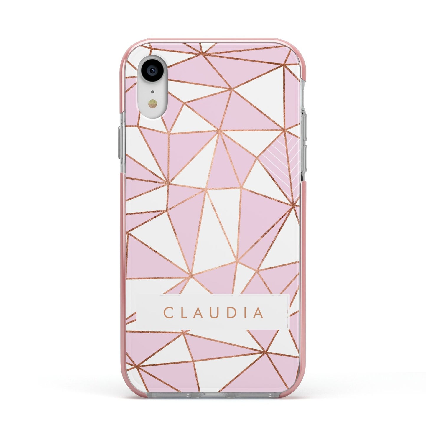 Personalised Pink White Rose Gold Name Apple iPhone XR Impact Case Pink Edge on Silver Phone