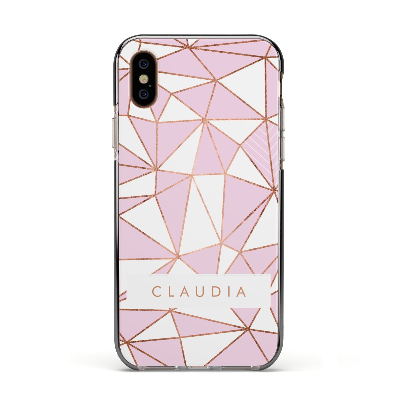 Personalised Pink White Rose Gold Name Apple iPhone Xs Impact Case Black Edge on Gold Phone