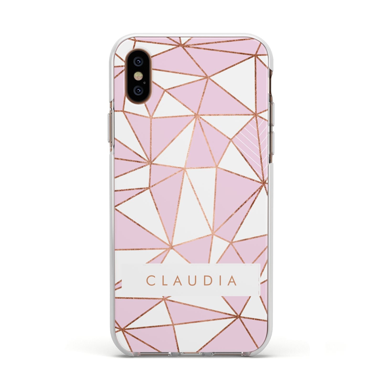 Personalised Pink White Rose Gold Name Apple iPhone Xs Impact Case White Edge on Gold Phone