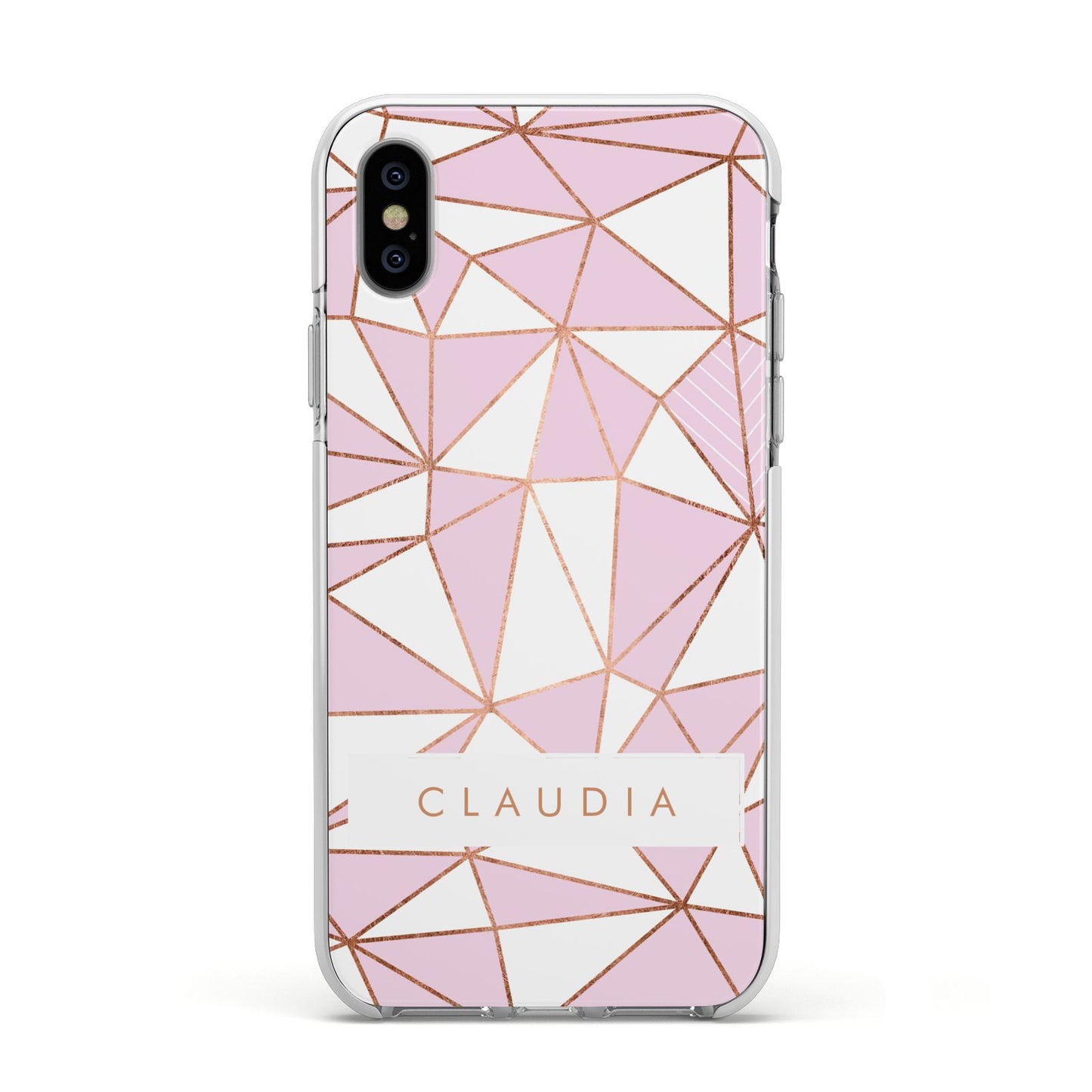 Personalised Pink White Rose Gold Name Apple iPhone Xs Impact Case White Edge on Silver Phone