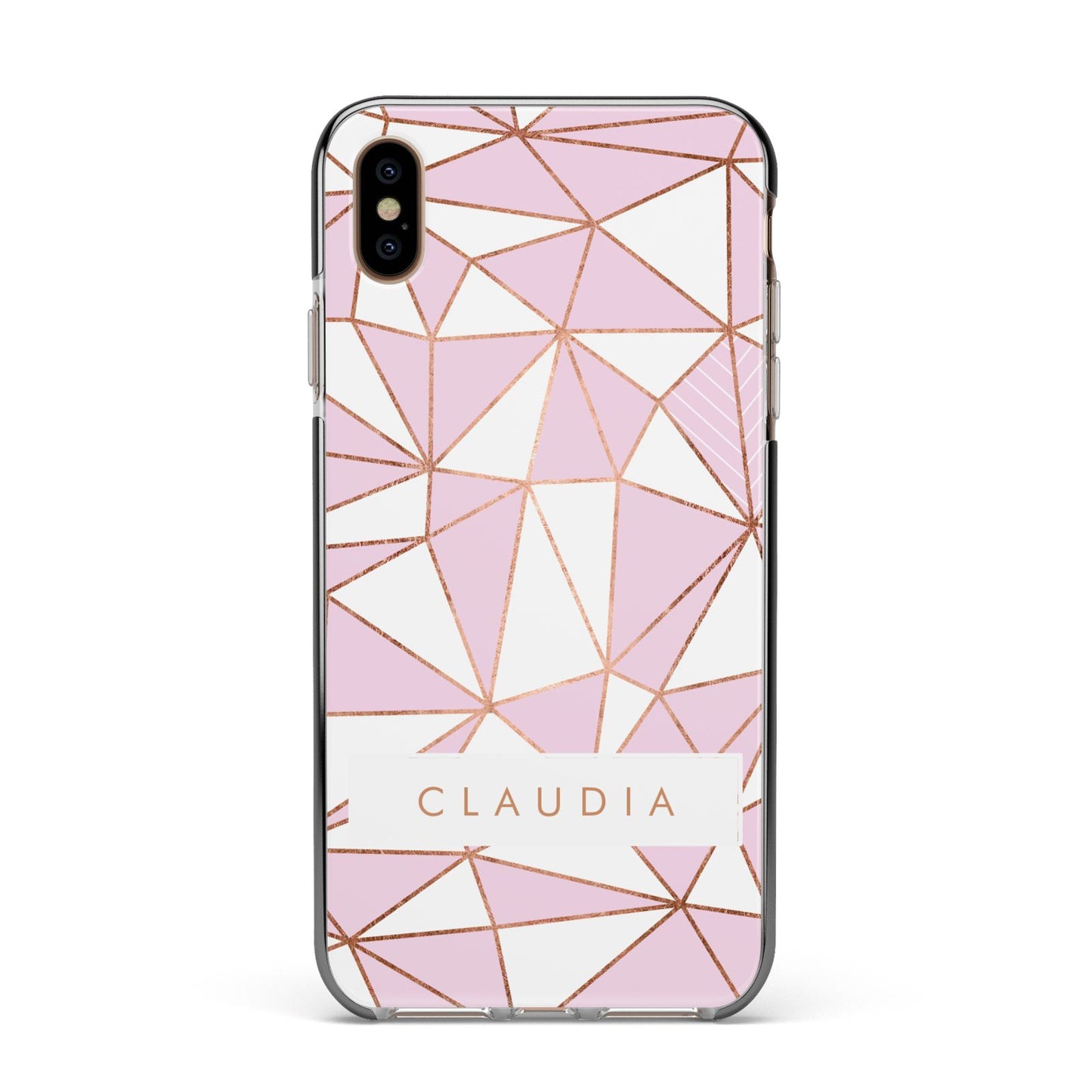 Personalised Pink White Rose Gold Name Apple iPhone Xs Max Impact Case Black Edge on Gold Phone