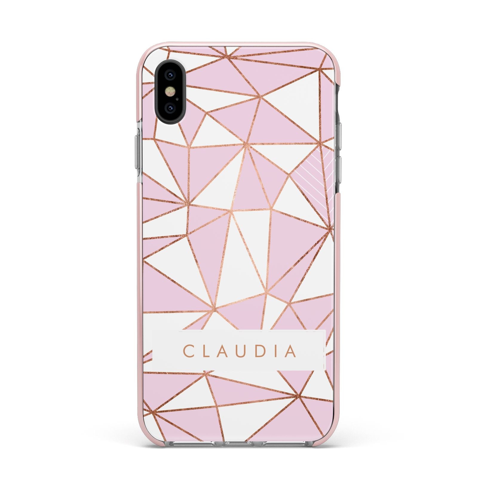 Personalised Pink White Rose Gold Name Apple iPhone Xs Max Impact Case Pink Edge on Black Phone