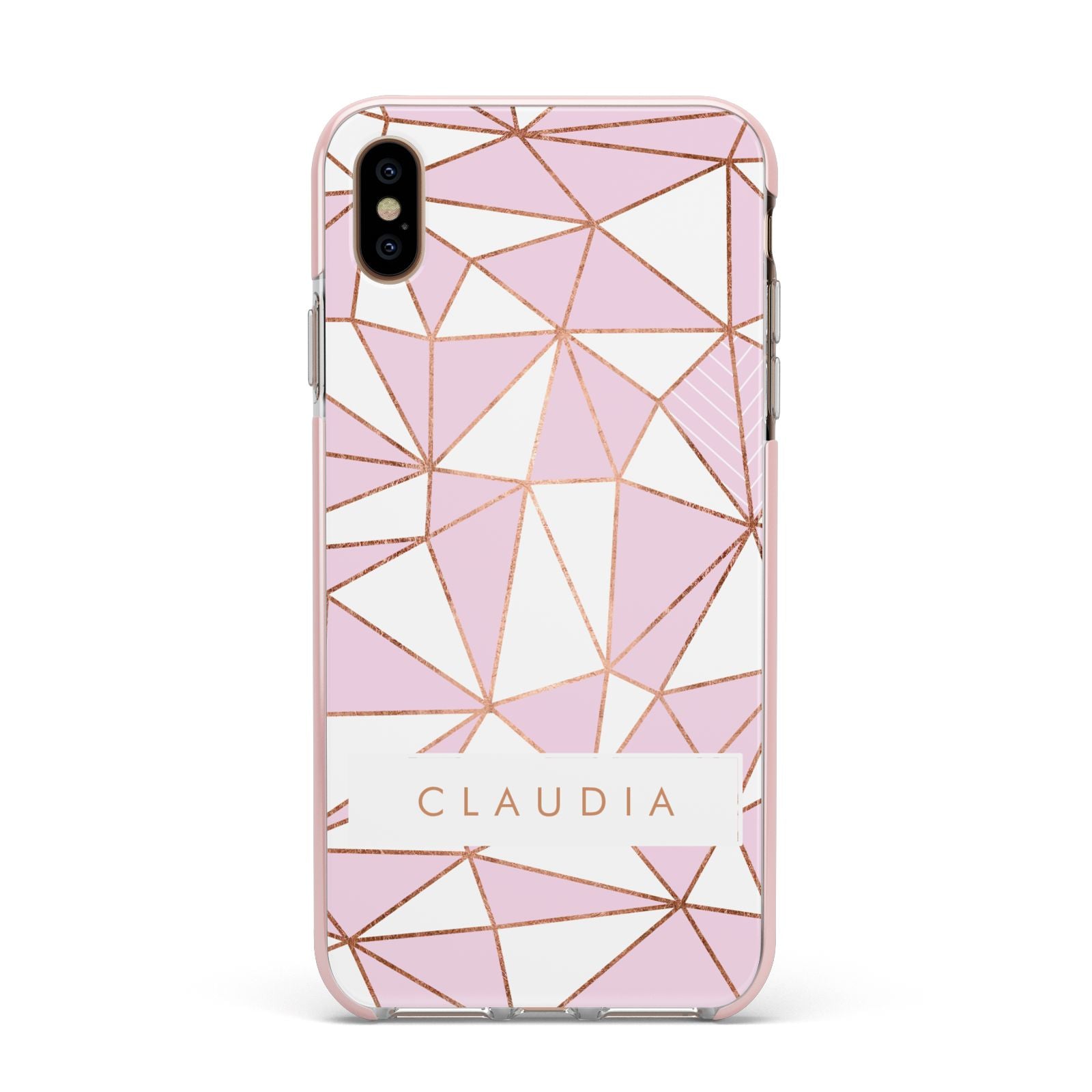 Personalised Pink White Rose Gold Name Apple iPhone Xs Max Impact Case Pink Edge on Gold Phone