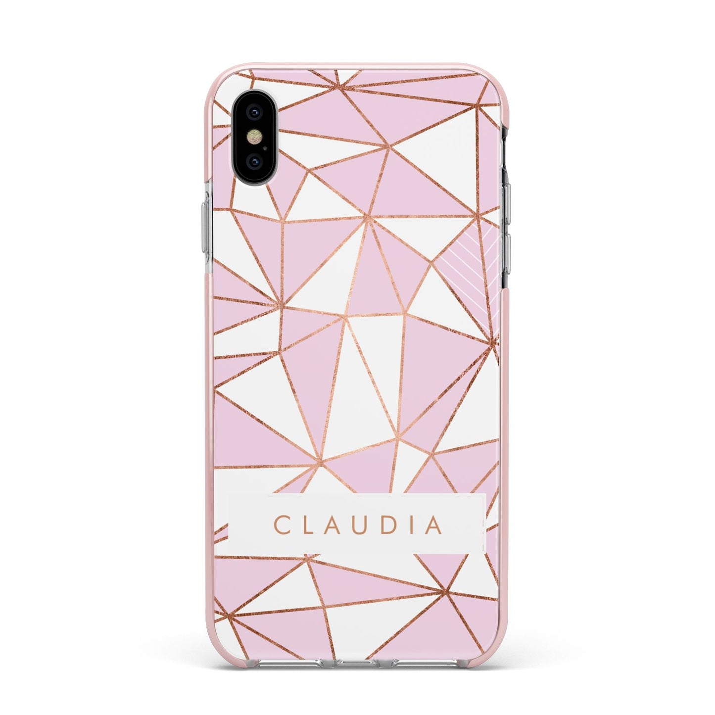 Personalised Pink White Rose Gold Name Apple iPhone Xs Max Impact Case Pink Edge on Silver Phone