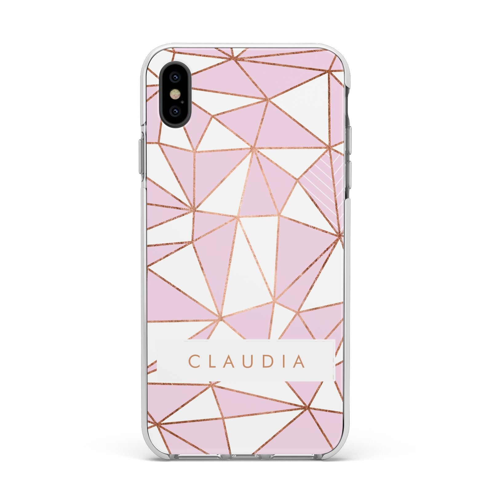 Personalised Pink White Rose Gold Name Apple iPhone Xs Max Impact Case White Edge on Black Phone