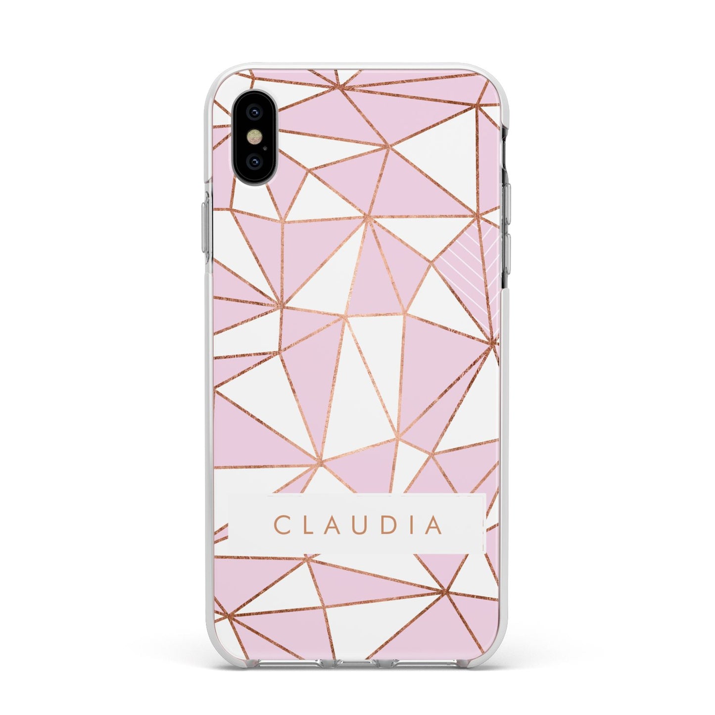 Personalised Pink White Rose Gold Name Apple iPhone Xs Max Impact Case White Edge on Silver Phone