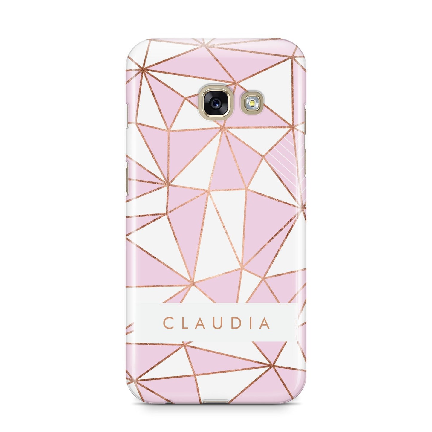 Personalised Pink White Rose Gold Name Samsung Galaxy A3 2017 Case on gold phone