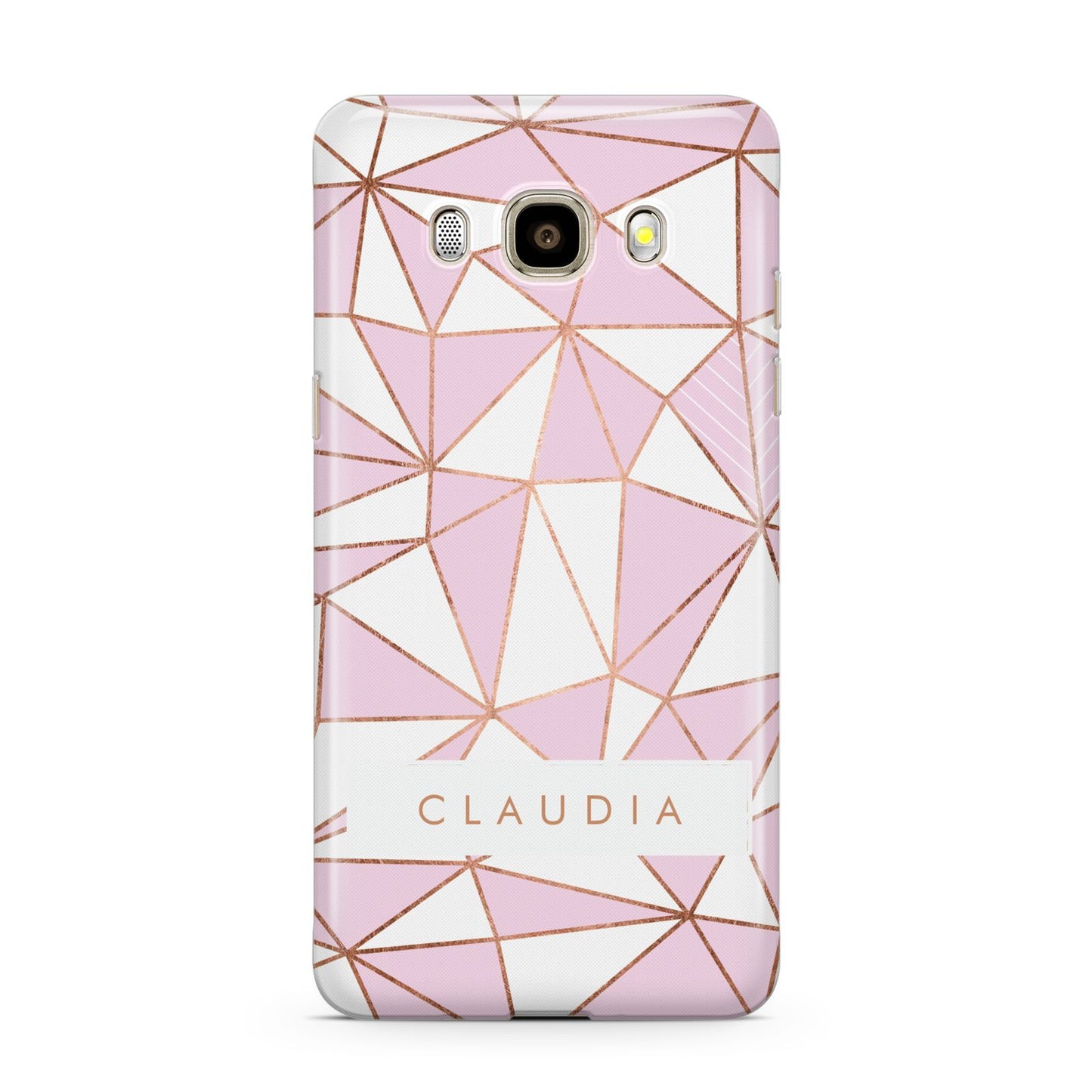 Personalised Pink White Rose Gold Name Samsung Galaxy J7 2016 Case on gold phone