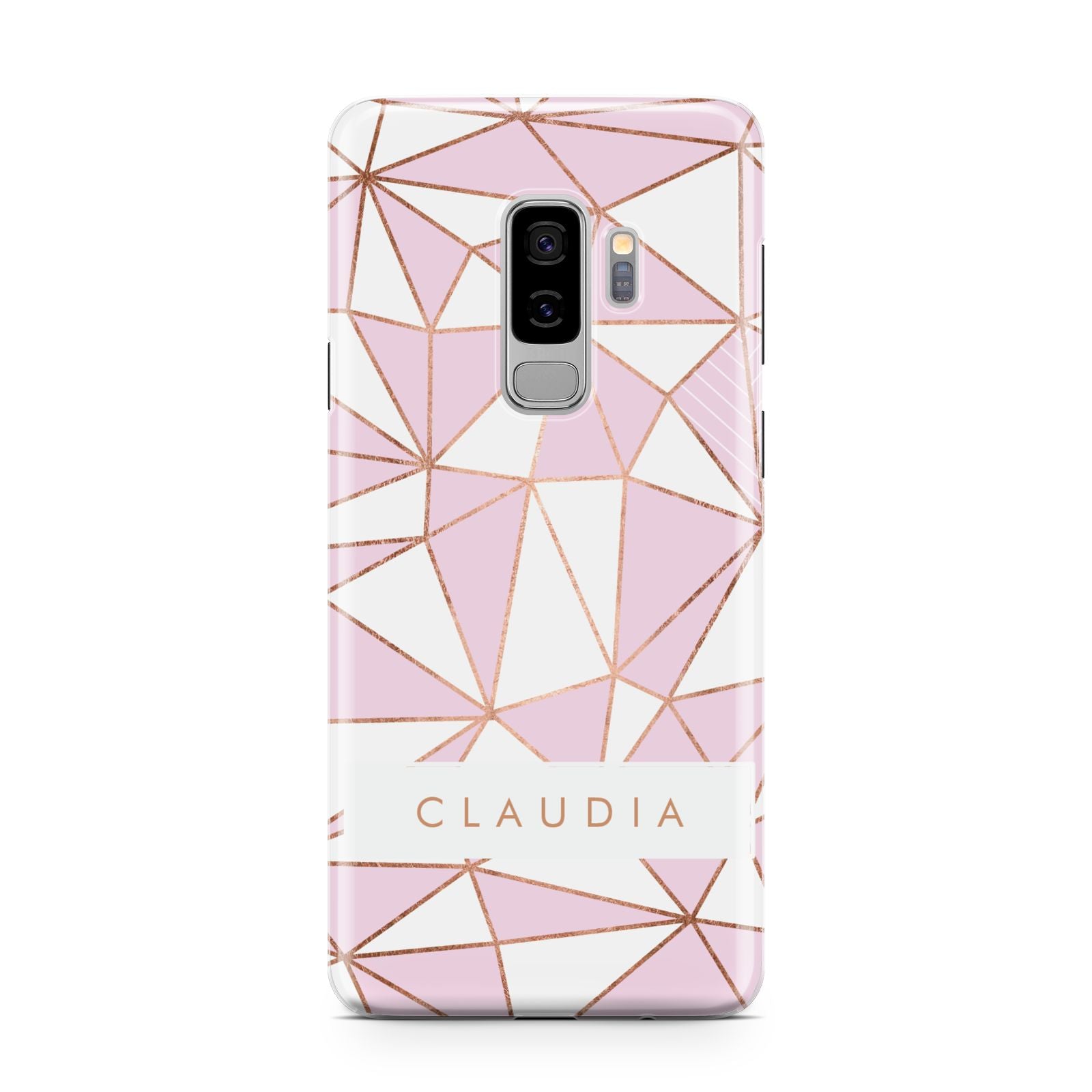 Personalised Pink White Rose Gold Name Samsung Galaxy S9 Plus Case on Silver phone