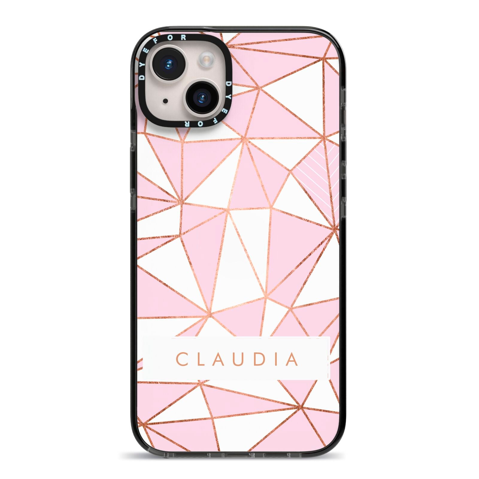 Personalised Pink White Rose Gold Name iPhone 14 Plus Black Impact Case on Silver phone