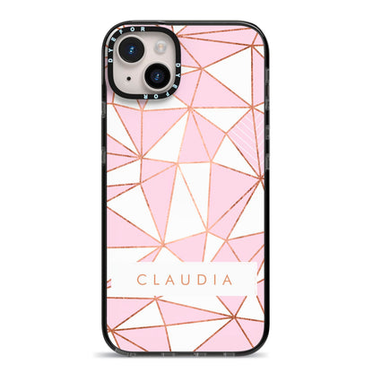 Personalised Pink White Rose Gold Name iPhone 14 Plus Black Impact Case on Silver phone