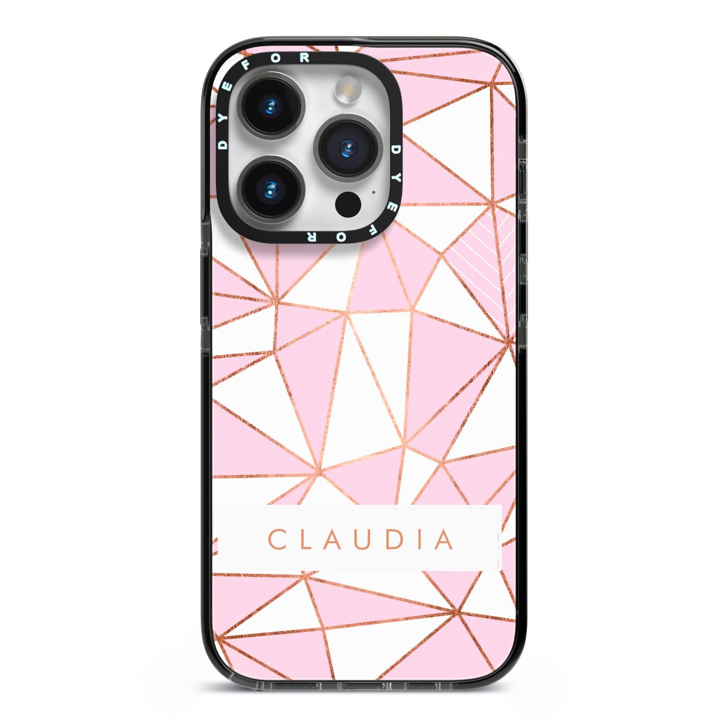 Personalised Pink White Rose Gold Name iPhone 14 Pro Black Impact Case on Silver phone