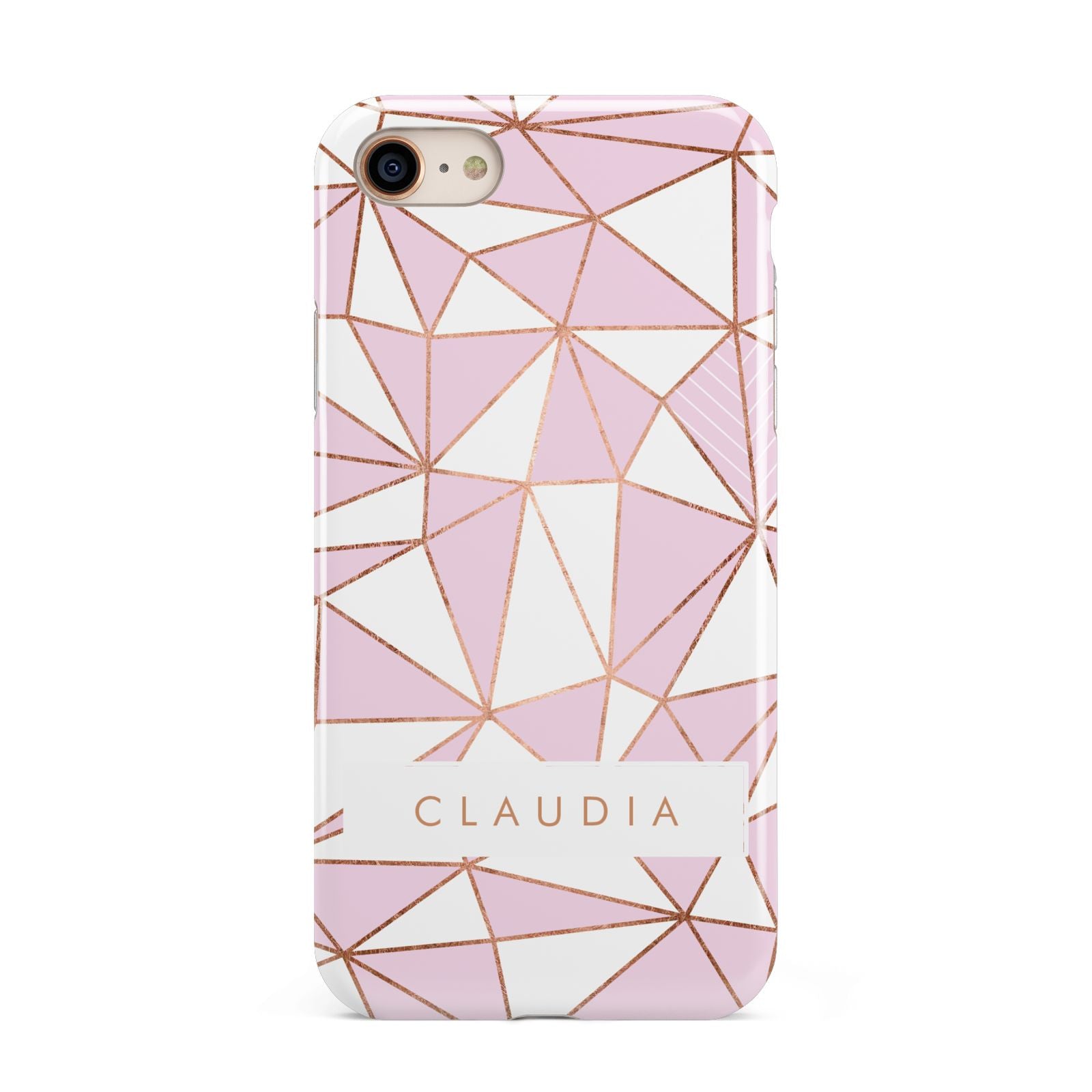 Personalised Pink White Rose Gold Name iPhone 8 3D Tough Case on Gold Phone