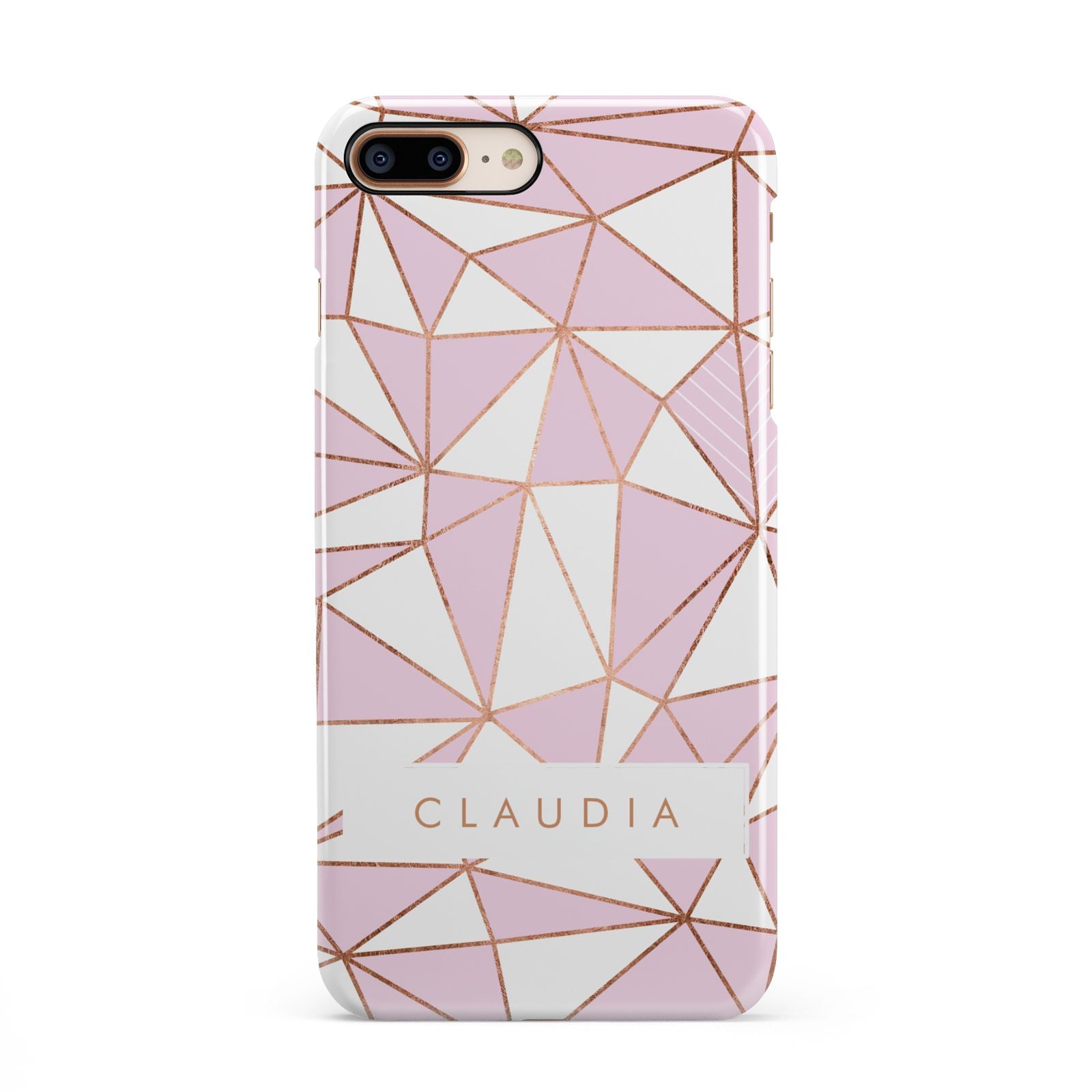 Personalised Pink White Rose Gold Name iPhone 8 Plus 3D Snap Case on Gold Phone