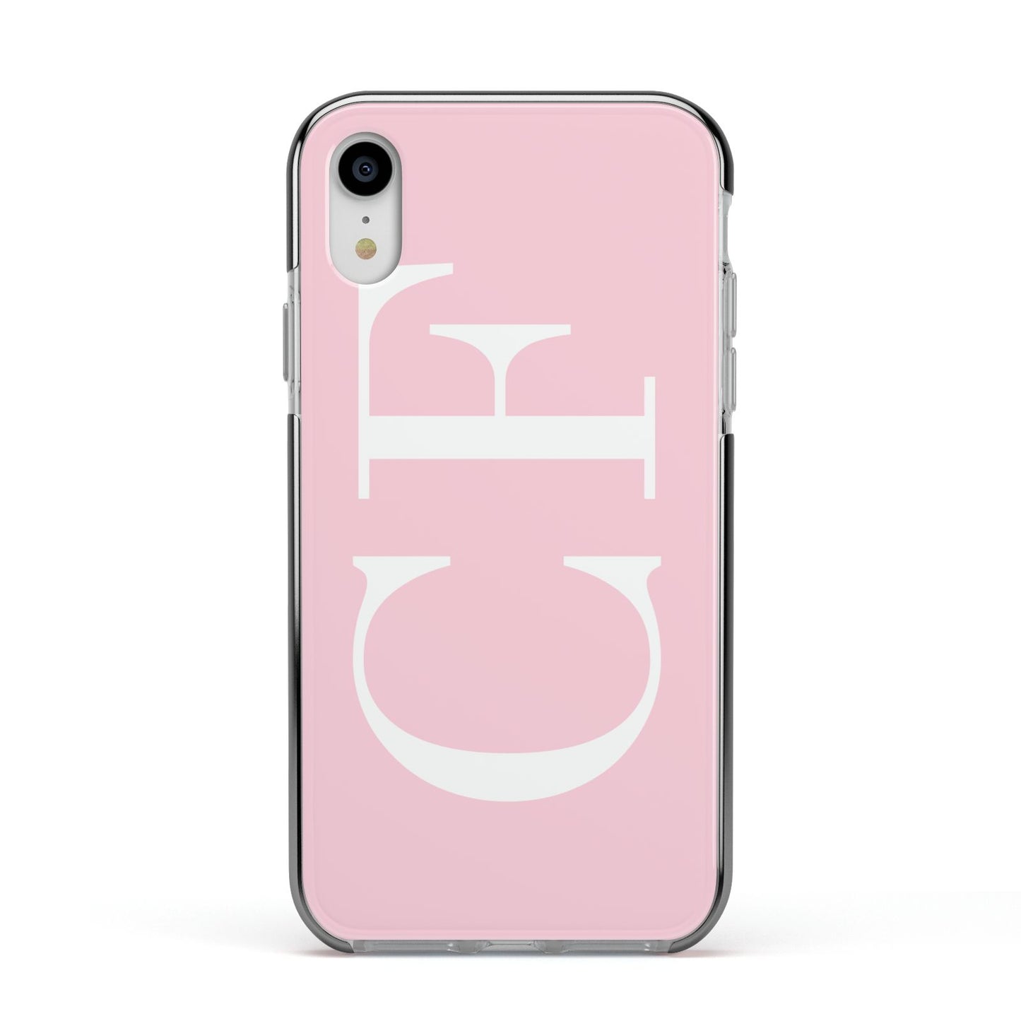 Personalised Pink White Side Initials Apple iPhone XR Impact Case Black Edge on Silver Phone