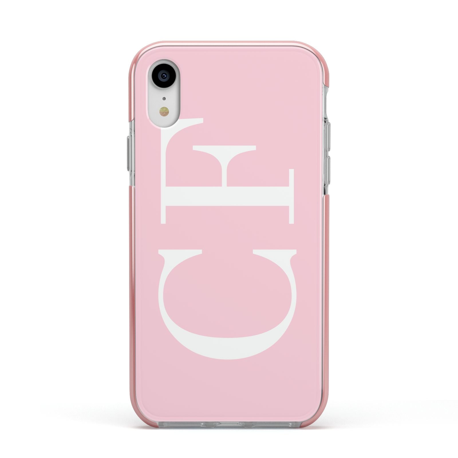 Personalised Pink White Side Initials Apple iPhone XR Impact Case Pink Edge on Silver Phone