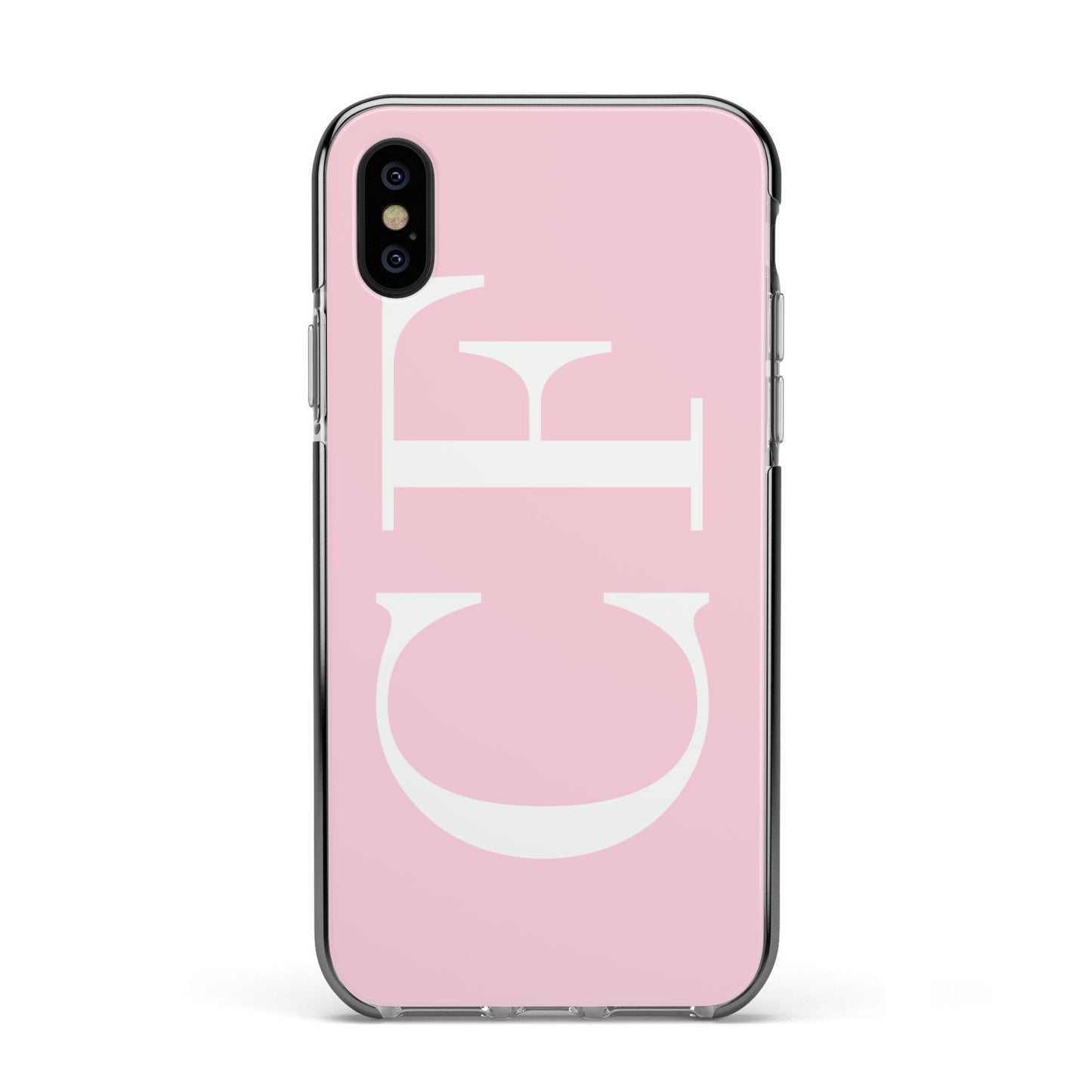 Personalised Pink White Side Initials Apple iPhone Xs Impact Case Black Edge on Black Phone