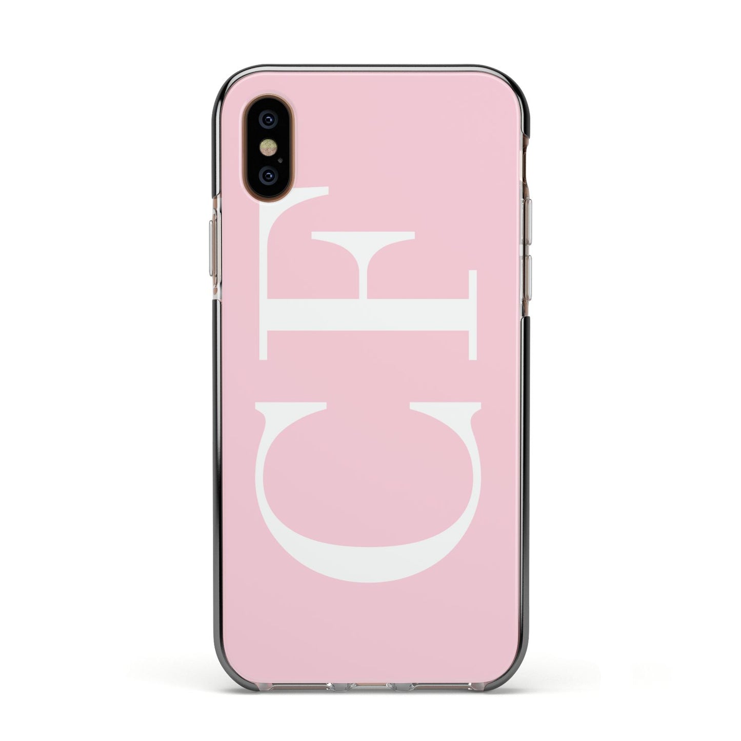 Personalised Pink White Side Initials Apple iPhone Xs Impact Case Black Edge on Gold Phone