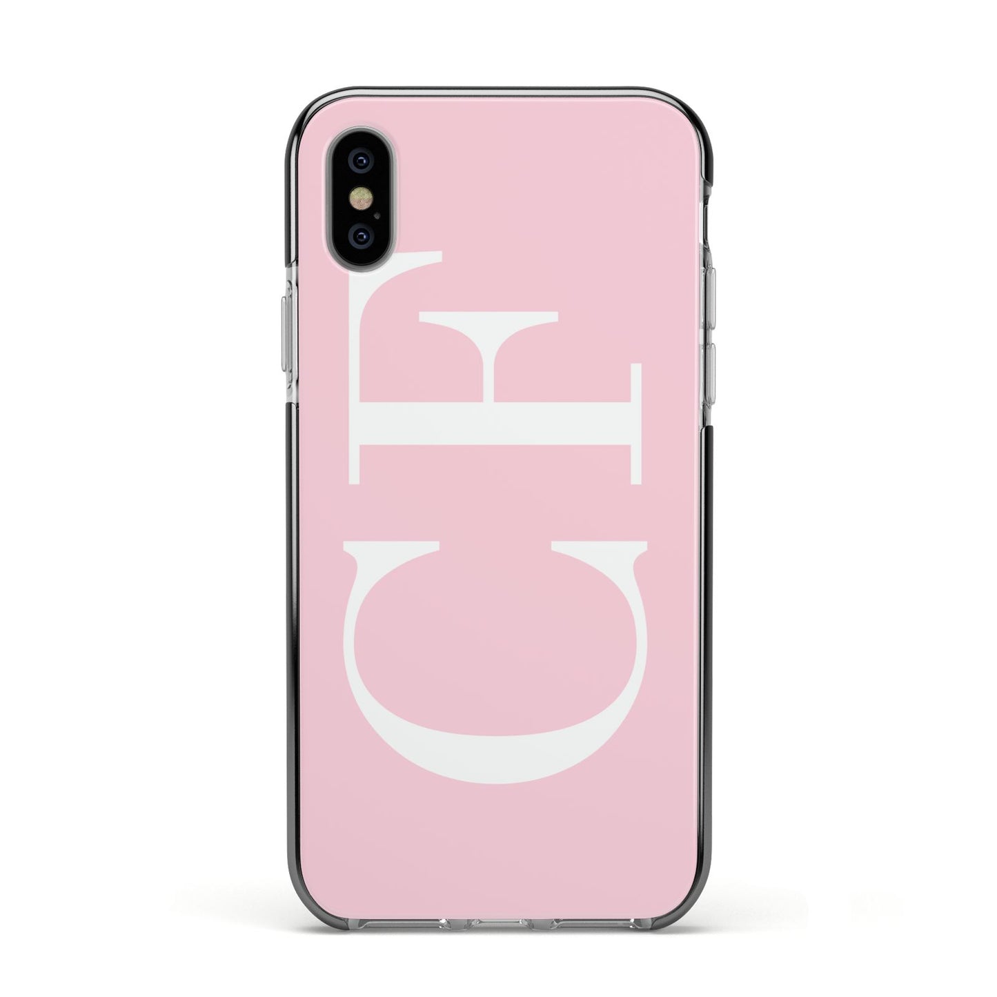 Personalised Pink White Side Initials Apple iPhone Xs Impact Case Black Edge on Silver Phone