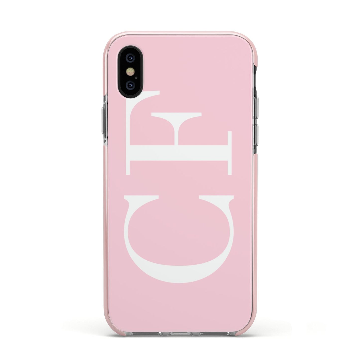 Personalised Pink White Side Initials Apple iPhone Xs Impact Case Pink Edge on Black Phone