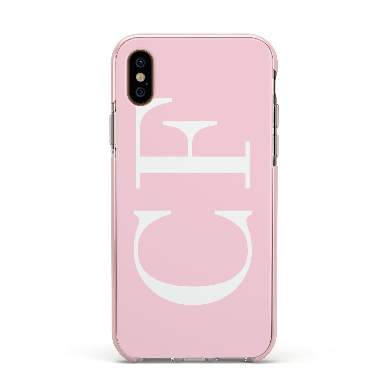 Personalised Pink White Side Initials Apple iPhone Xs Impact Case Pink Edge on Gold Phone