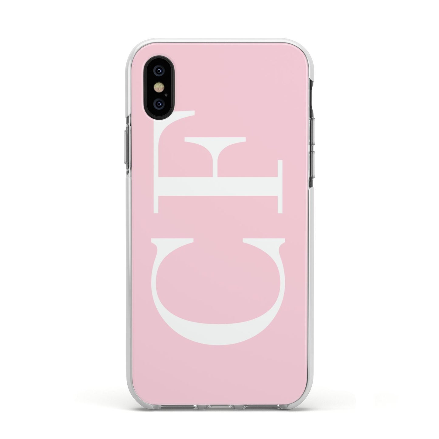 Personalised Pink White Side Initials Apple iPhone Xs Impact Case White Edge on Black Phone