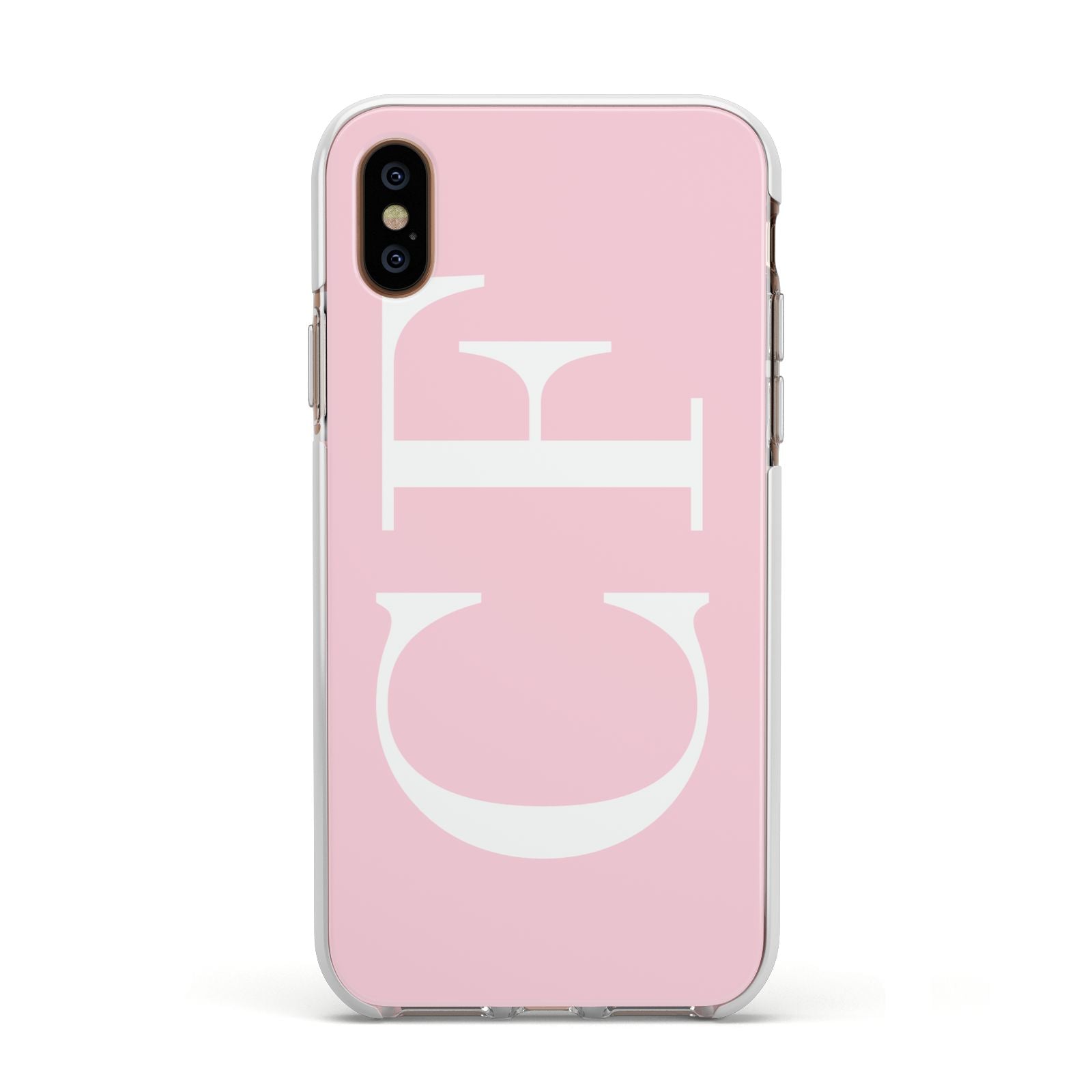 Personalised Pink White Side Initials Apple iPhone Xs Impact Case White Edge on Gold Phone