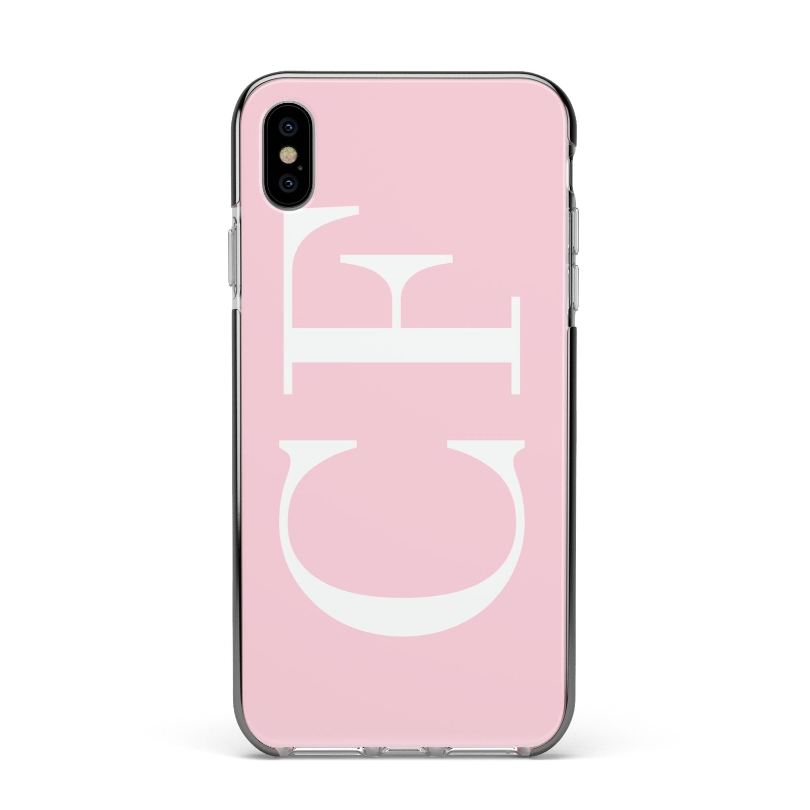 Personalised Pink White Side Initials Apple iPhone Xs Max Impact Case Black Edge on Silver Phone