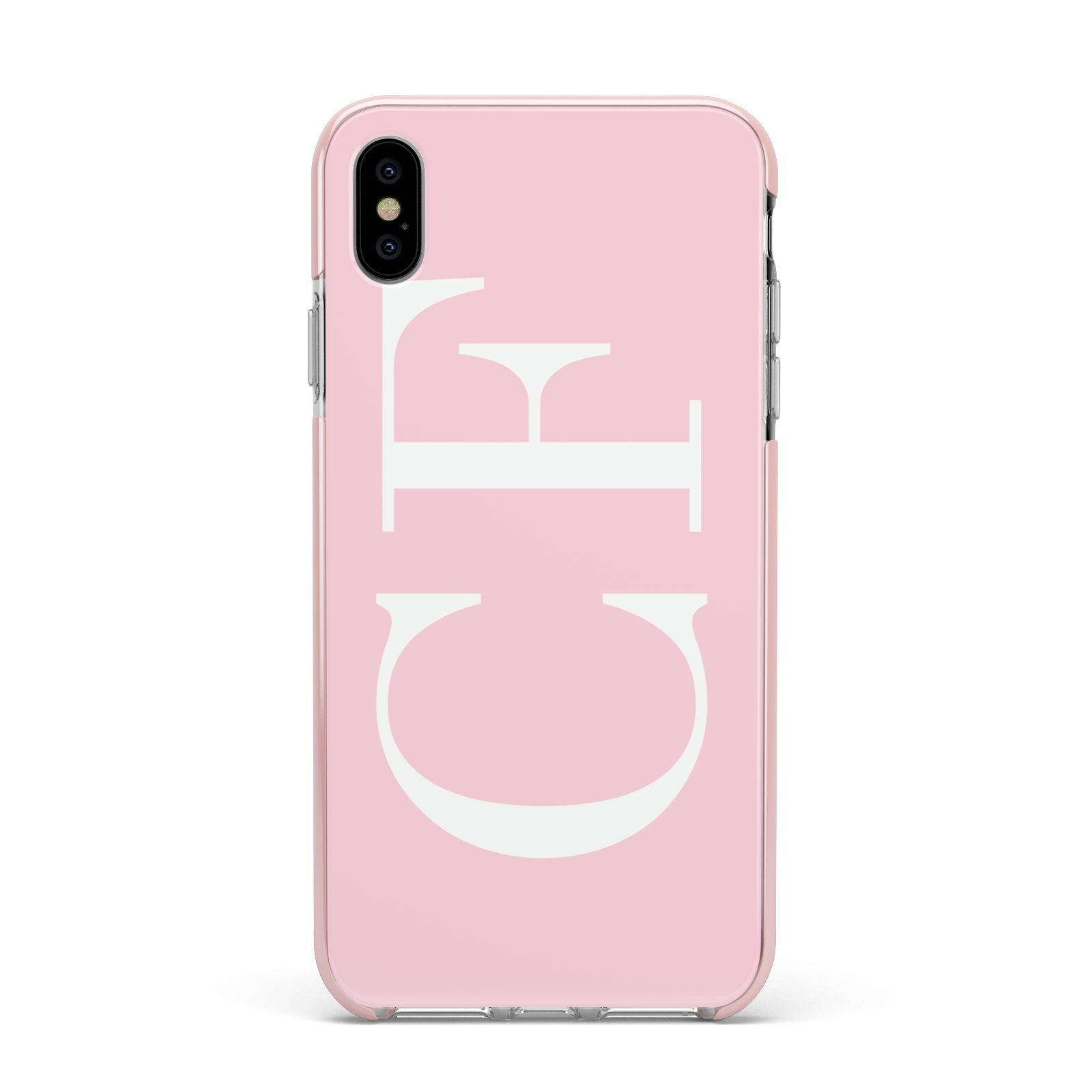 Personalised Pink White Side Initials Apple iPhone Xs Max Impact Case Pink Edge on Silver Phone
