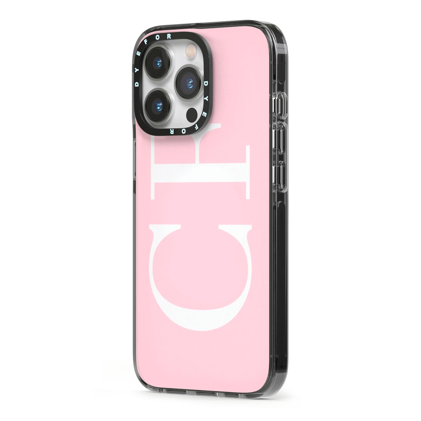Personalised Pink White Side Initials iPhone 13 Pro Black Impact Case Side Angle on Silver phone