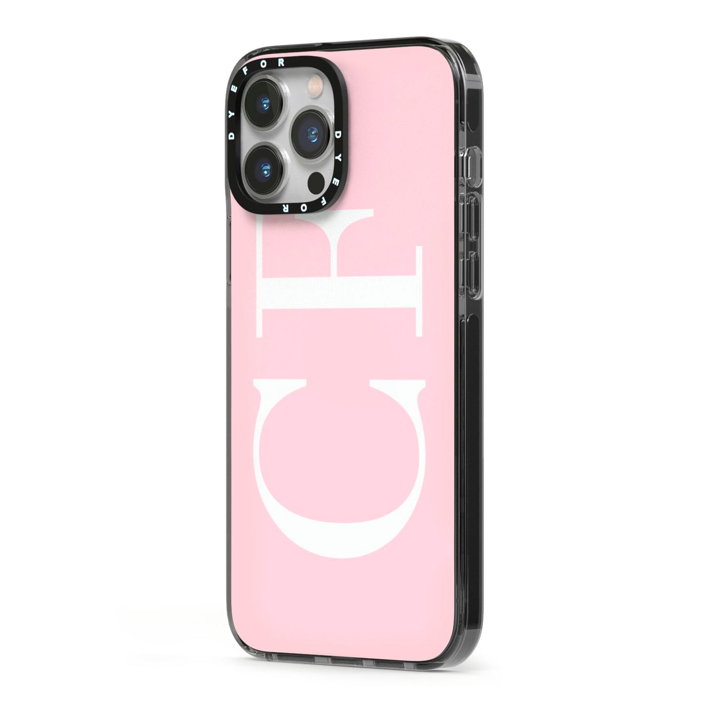 Personalised Pink White Side Initials iPhone 13 Pro Max Black Impact Case Side Angle on Silver phone