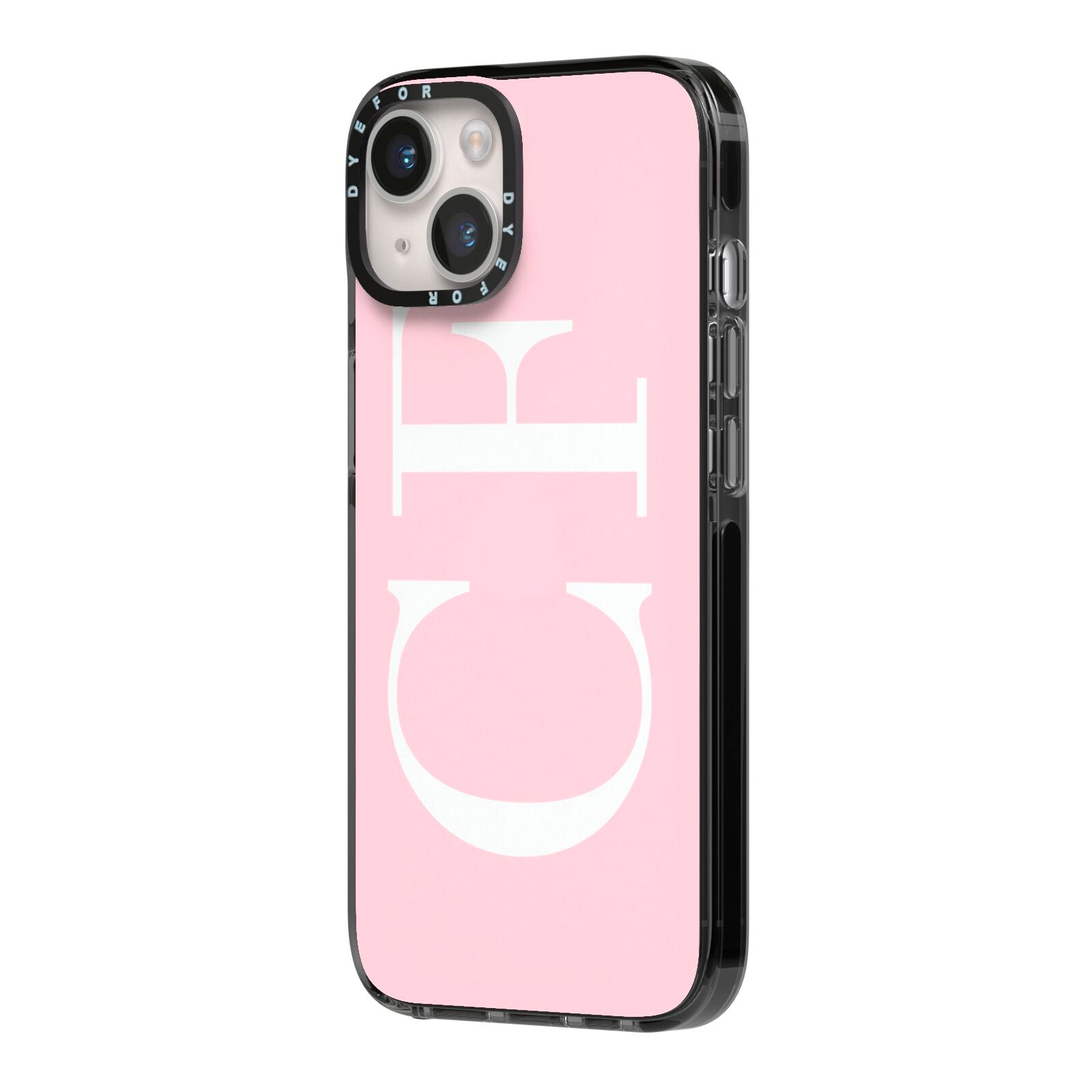 Personalised Pink White Side Initials iPhone 14 Black Impact Case Side Angle on Silver phone