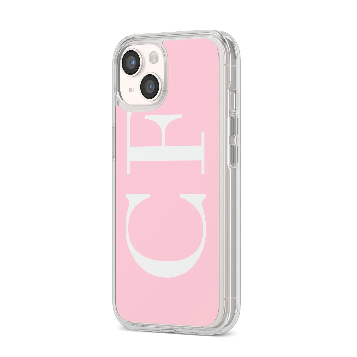 Personalised Pink White Side Initials iPhone 14 Clear Tough Case Starlight Angled Image