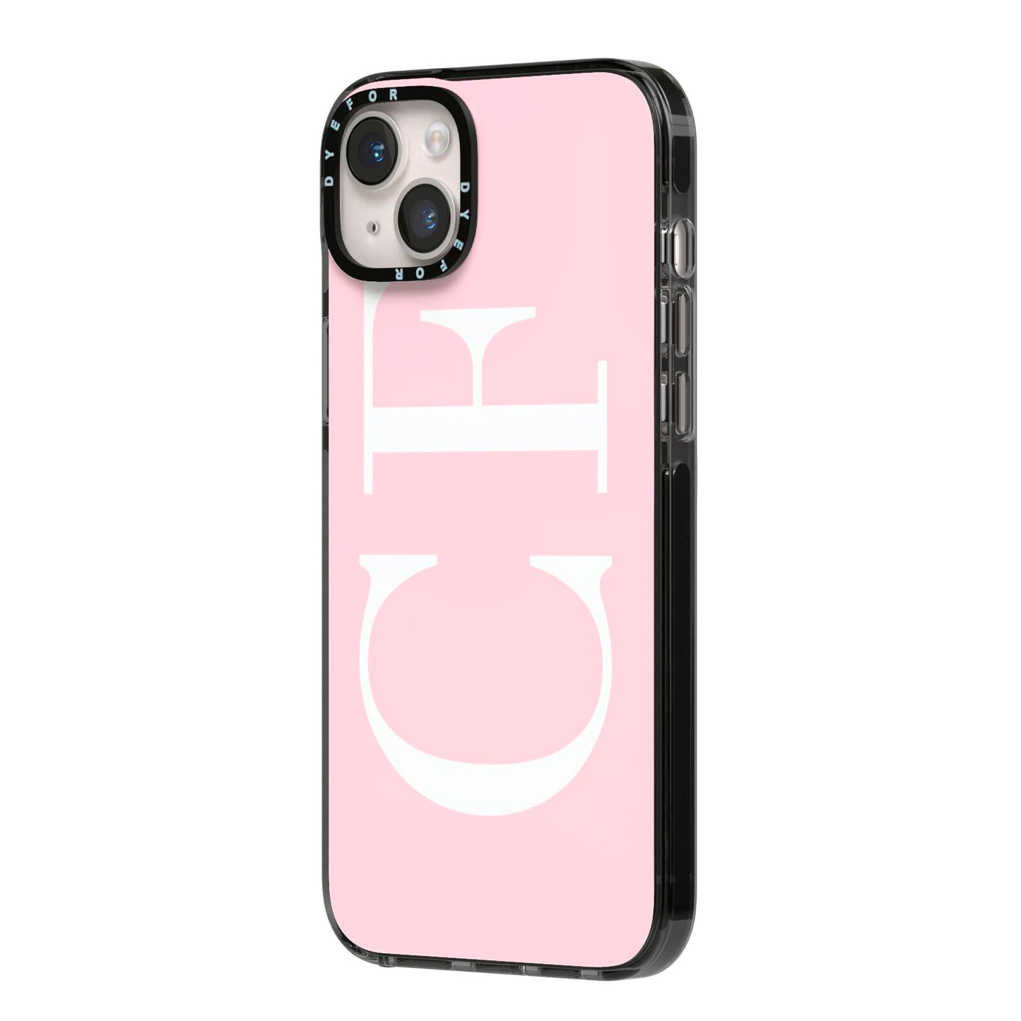 Personalised Pink White Side Initials iPhone 14 Plus Black Impact Case Side Angle on Silver phone