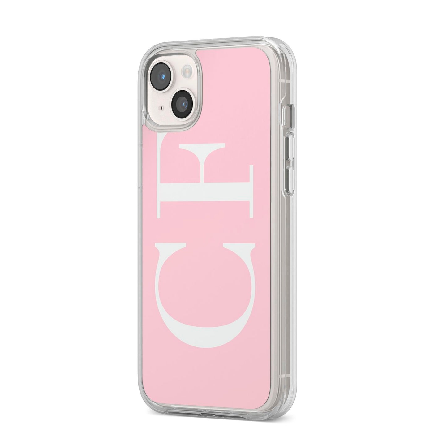 Personalised Pink White Side Initials iPhone 14 Plus Clear Tough Case Starlight Angled Image