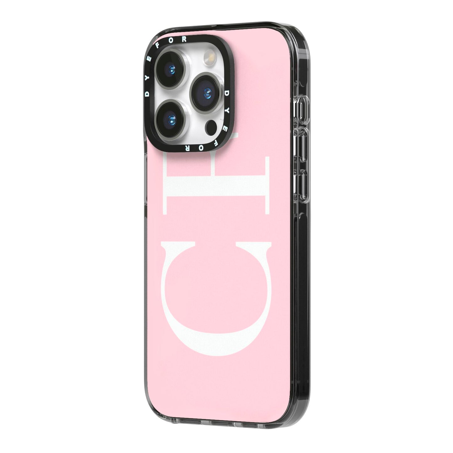 Personalised Pink White Side Initials iPhone 14 Pro Black Impact Case Side Angle on Silver phone