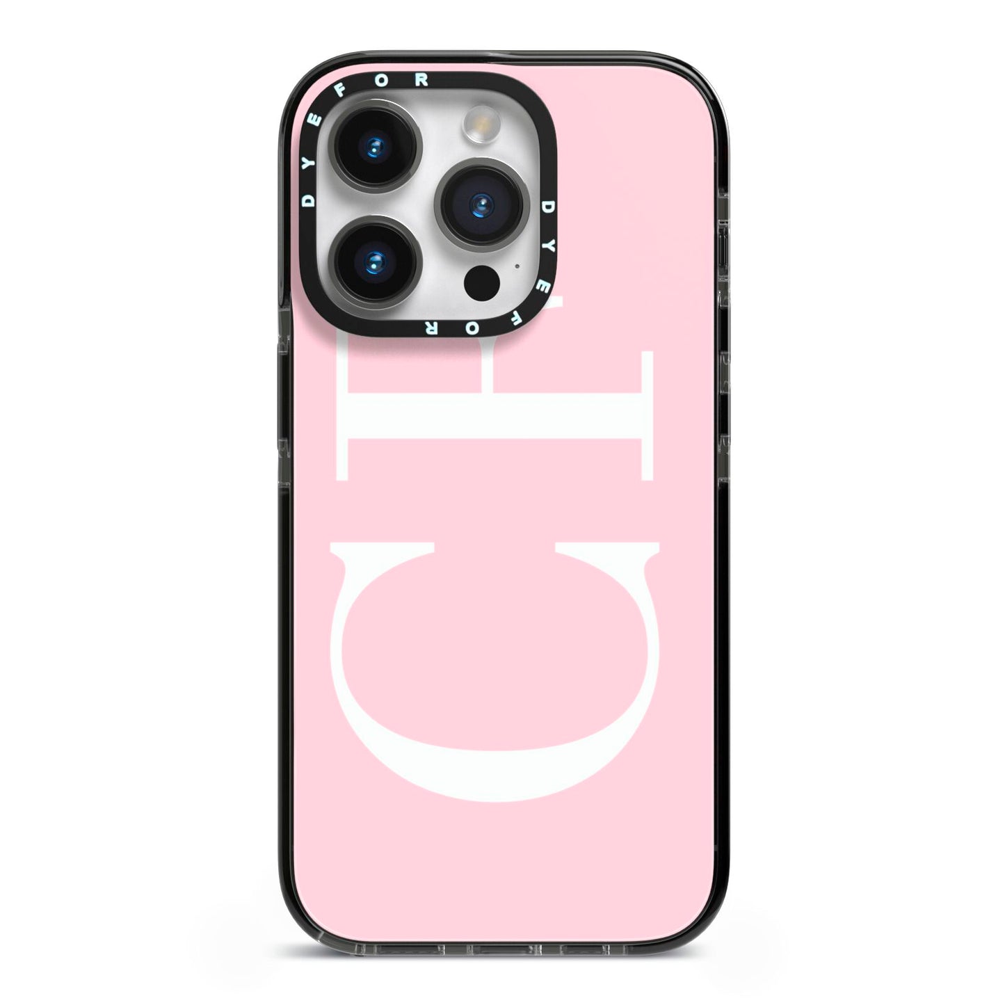 Personalised Pink White Side Initials iPhone 14 Pro Black Impact Case on Silver phone