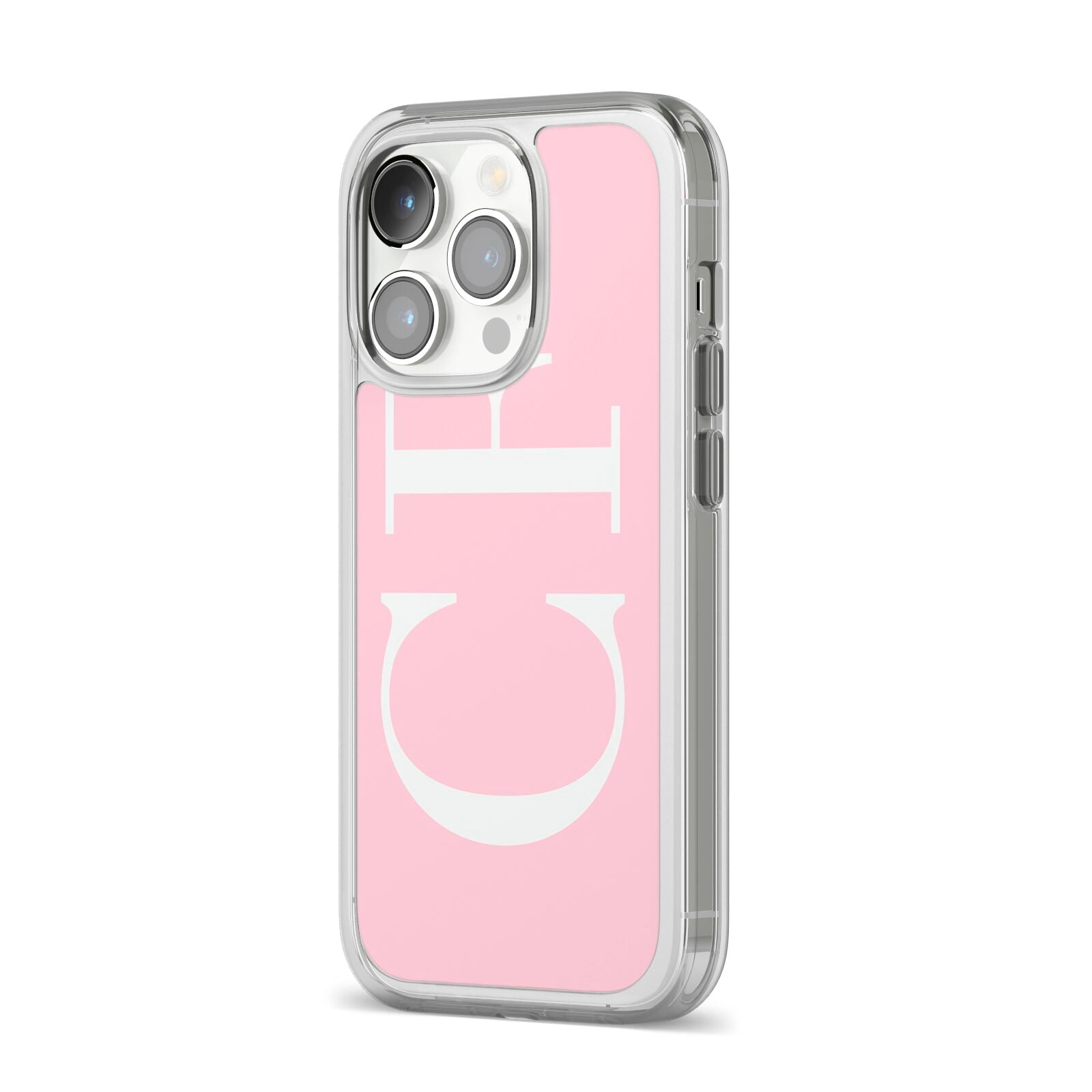 Personalised Pink White Side Initials iPhone 14 Pro Clear Tough Case Silver Angled Image