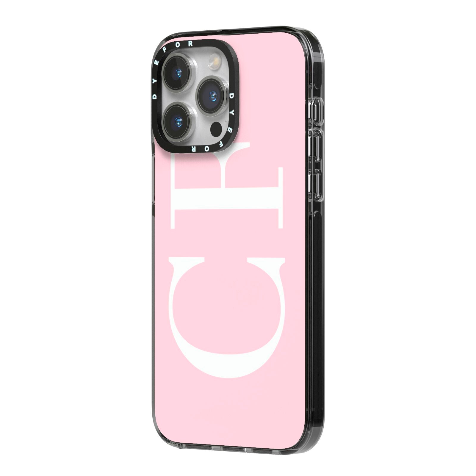 Personalised Pink White Side Initials iPhone 14 Pro Max Black Impact Case Side Angle on Silver phone