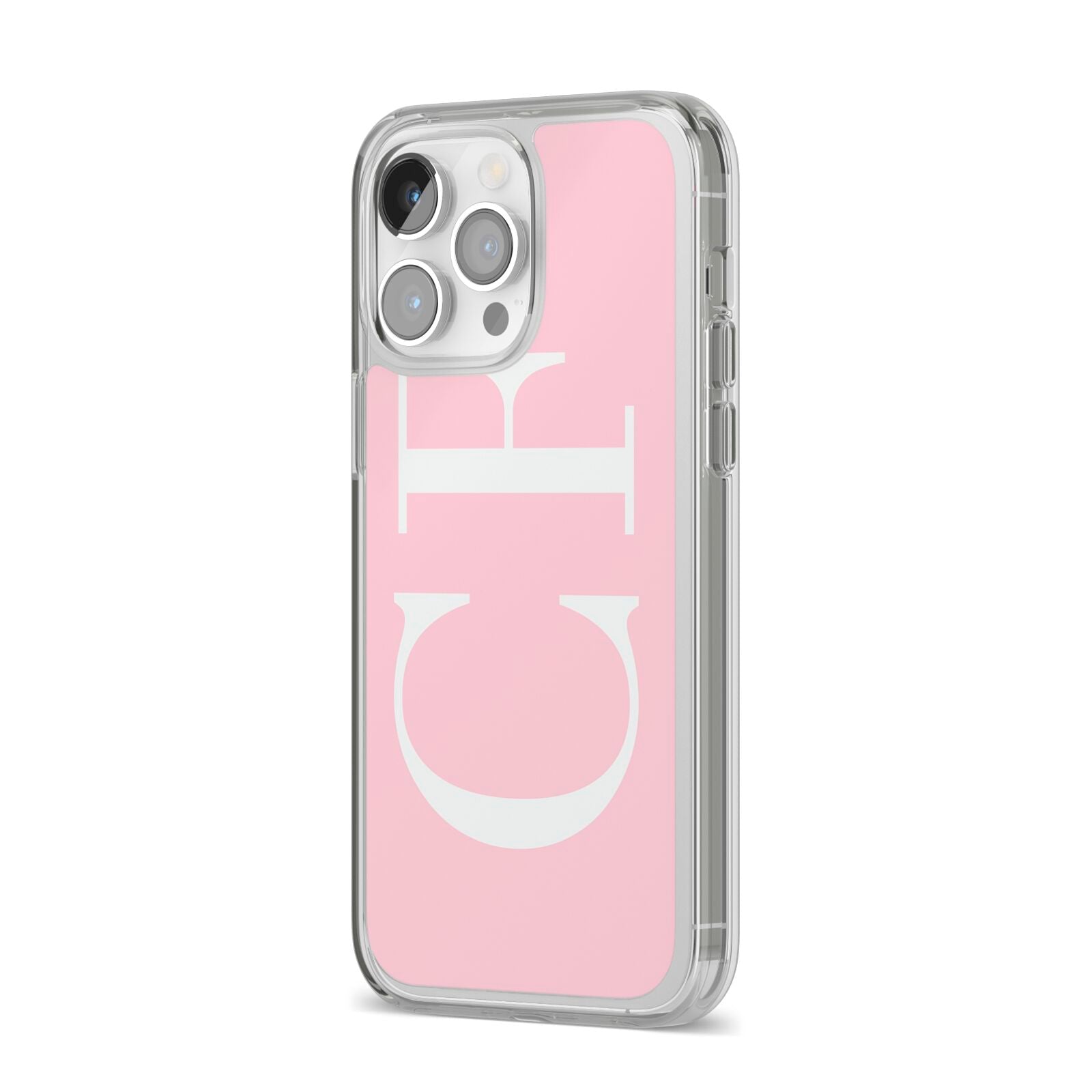Personalised Pink White Side Initials iPhone 14 Pro Max Clear Tough Case Silver Angled Image