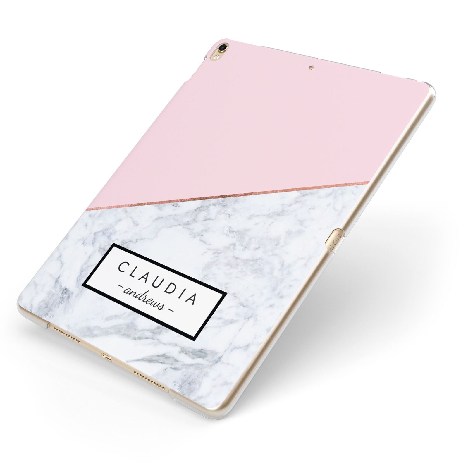 Personalised Pink With Marble Initials Name Apple iPad Case on Gold iPad Side View