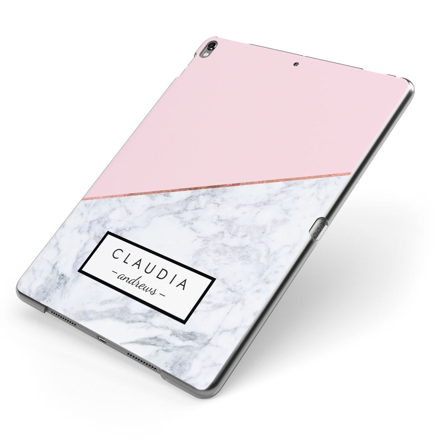 Personalised Pink With Marble Initials Name Apple iPad Case on Grey iPad Side View