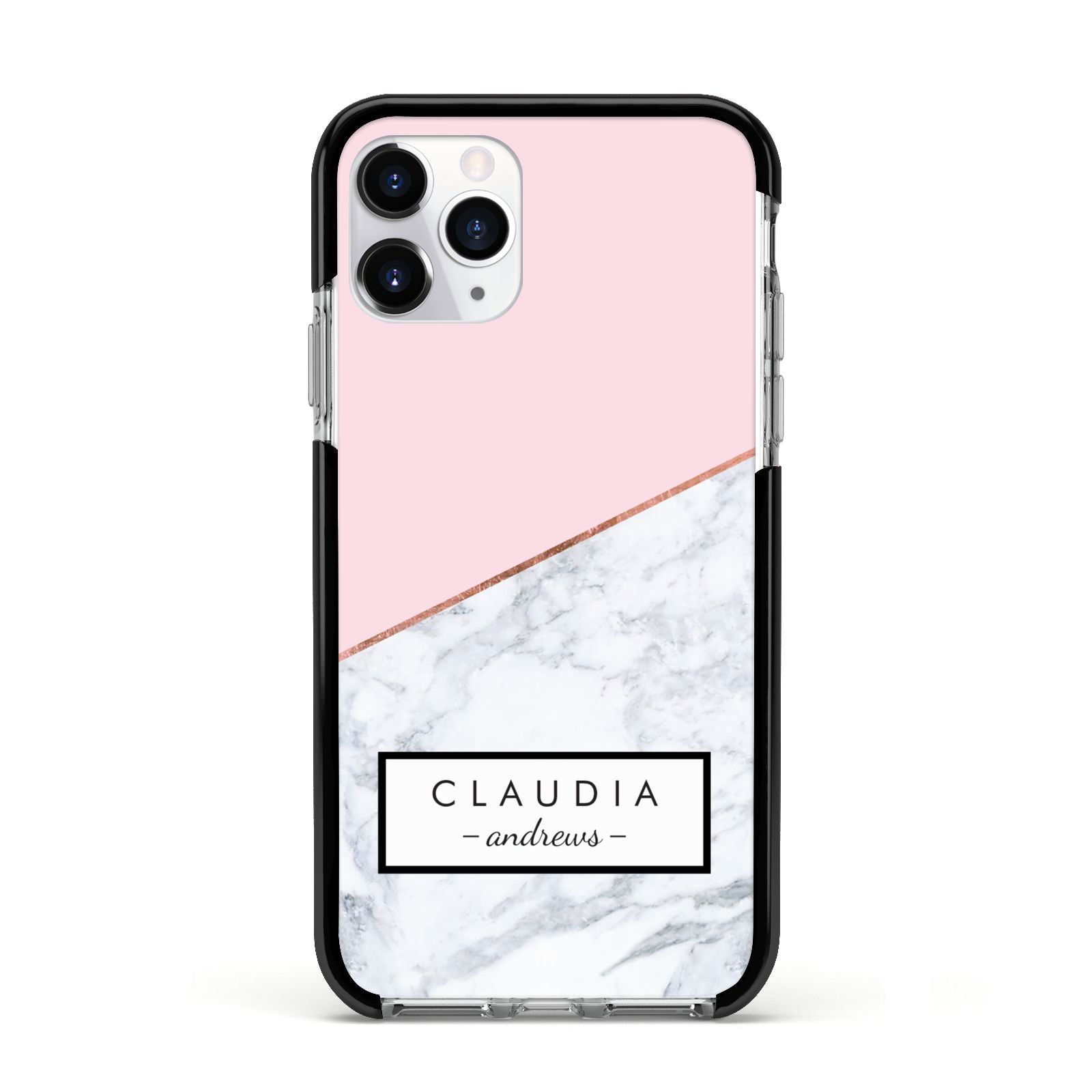 Personalised Pink With Marble Initials Name Apple iPhone 11 Pro in Silver with Black Impact Case