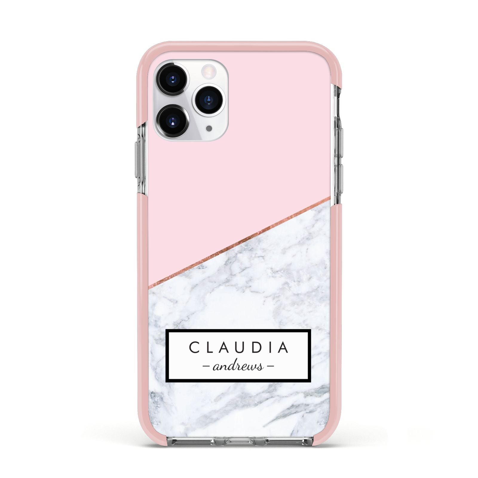 Personalised Pink With Marble Initials Name Apple iPhone 11 Pro in Silver with Pink Impact Case