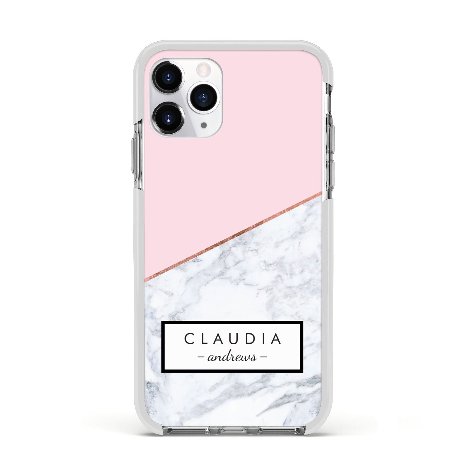 Personalised Pink With Marble Initials Name Apple iPhone 11 Pro in Silver with White Impact Case
